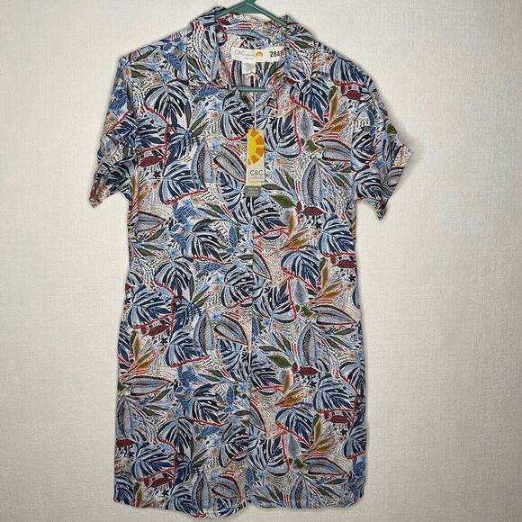NWT C&C California 100% Linen Short Sleeve Button Up Shirt Women Size S Blue - Picture 1 of 10